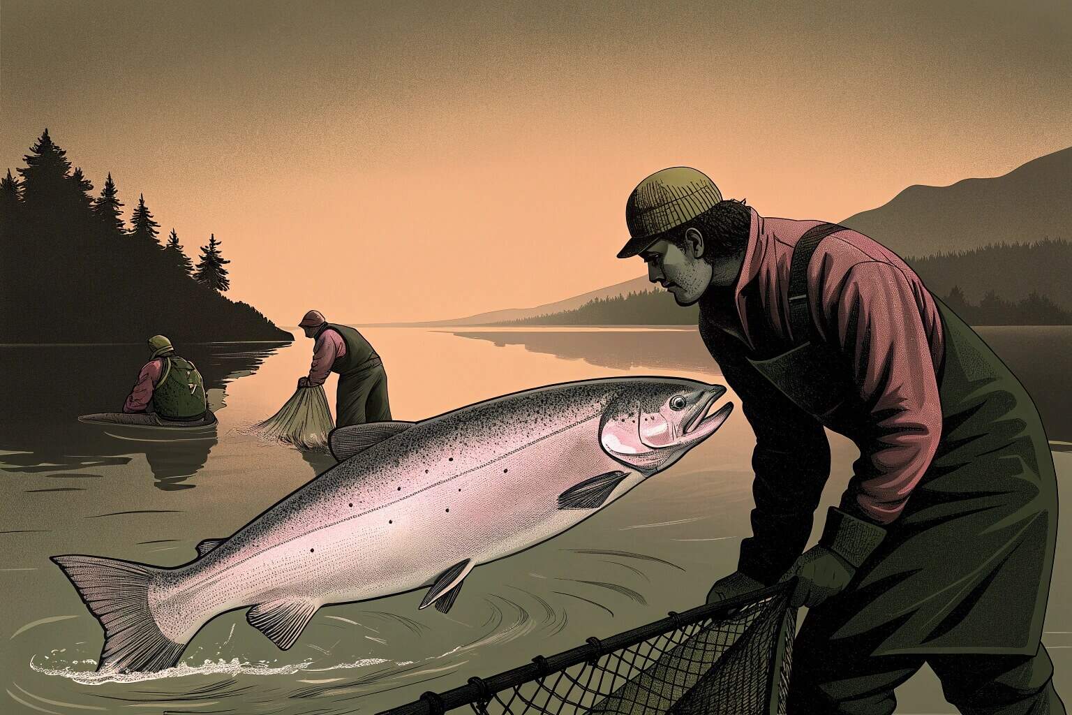 A harvest of large, valuable salmon from a fish farm.