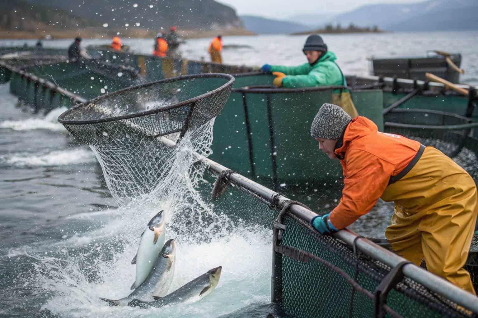A harvest of large, valuable salmon from a fish farm.
