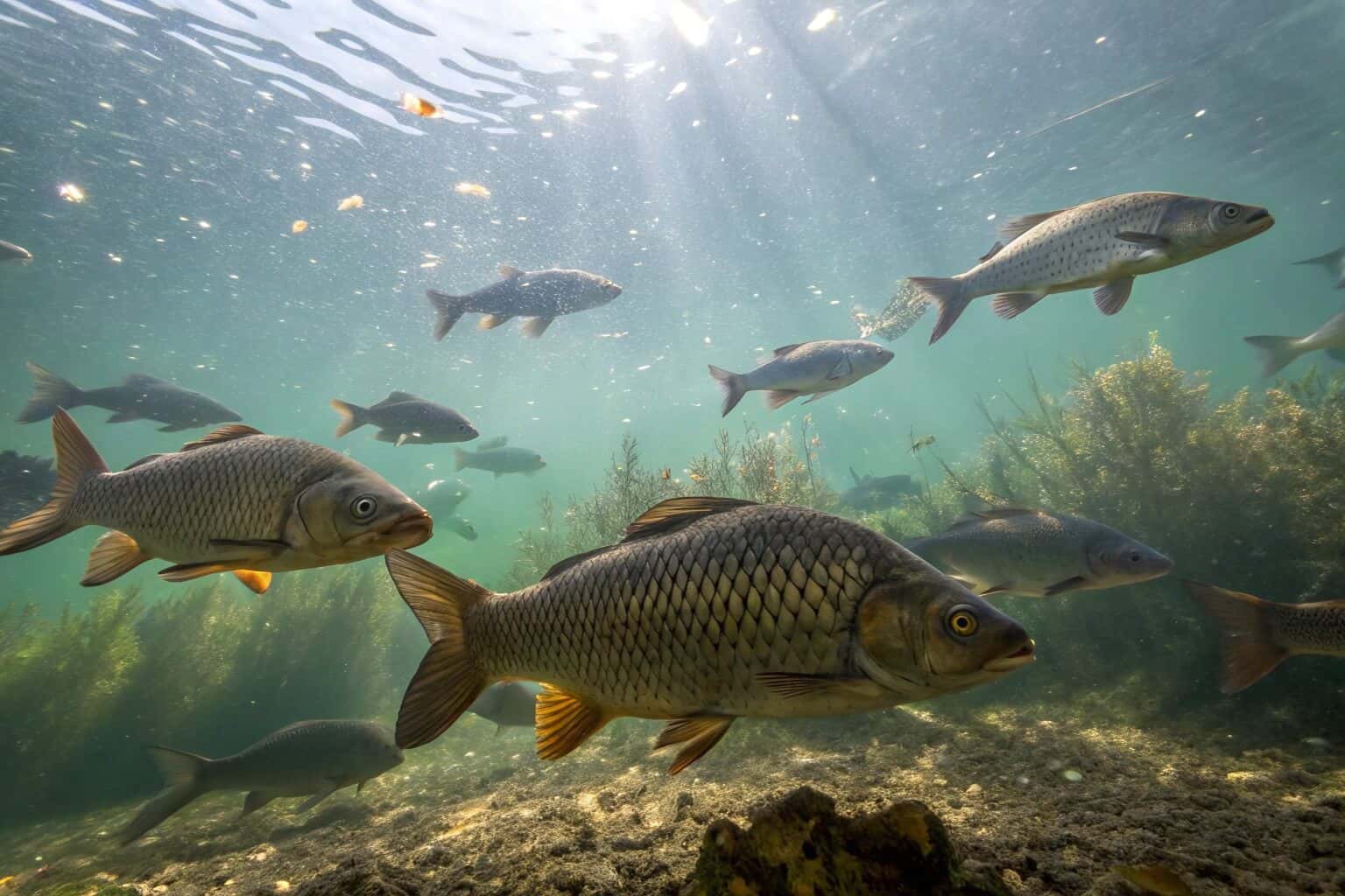 A school of carp in a fish farm.