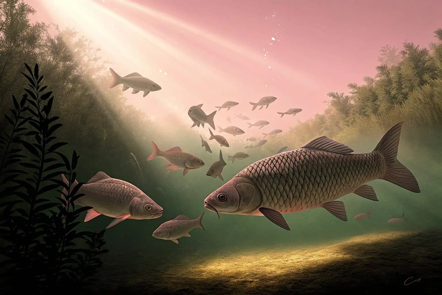 A school of carp in a fish farm.