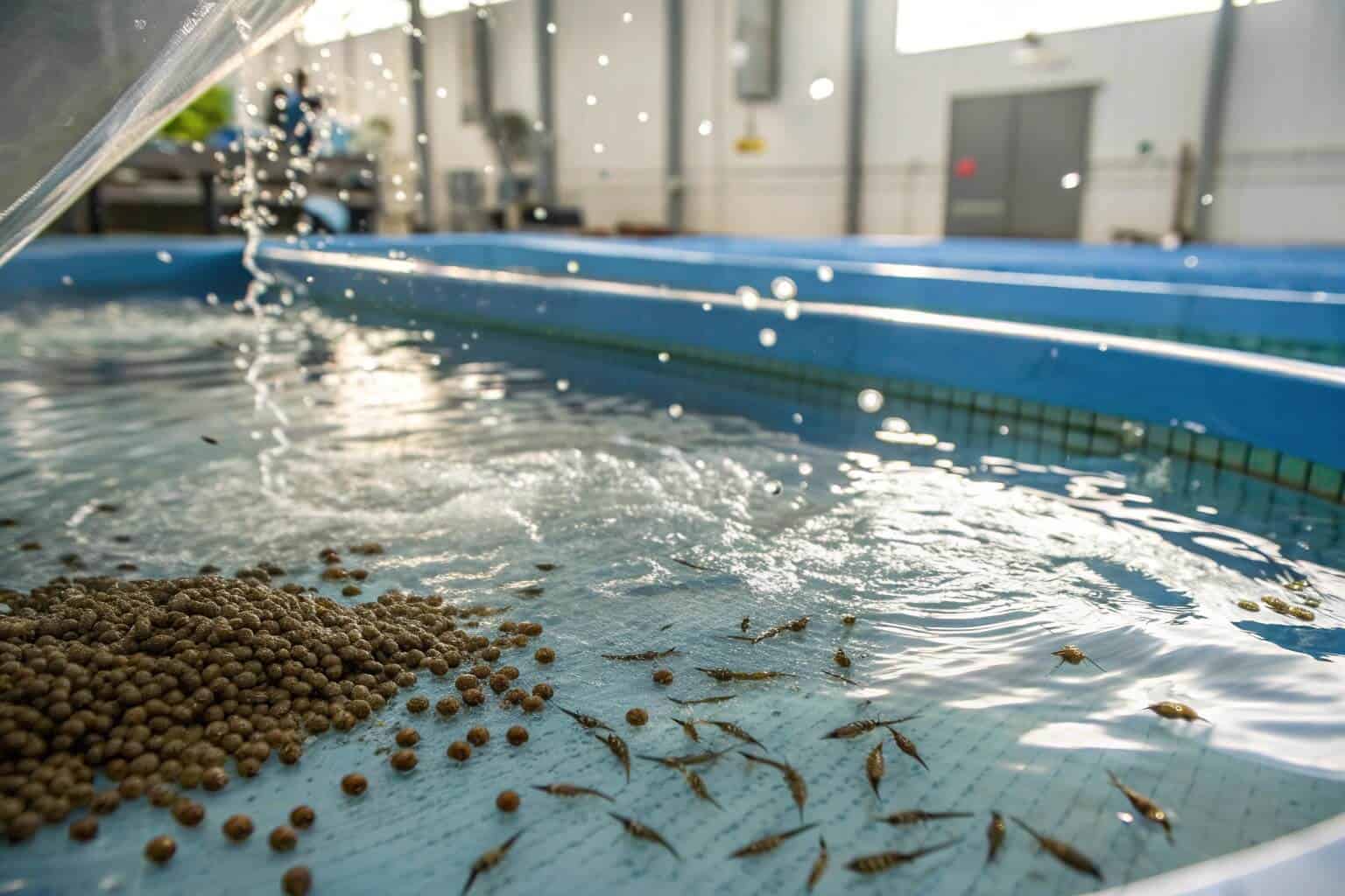 Close-up of fish being fed pellets in a large, clean aquaculture tank.