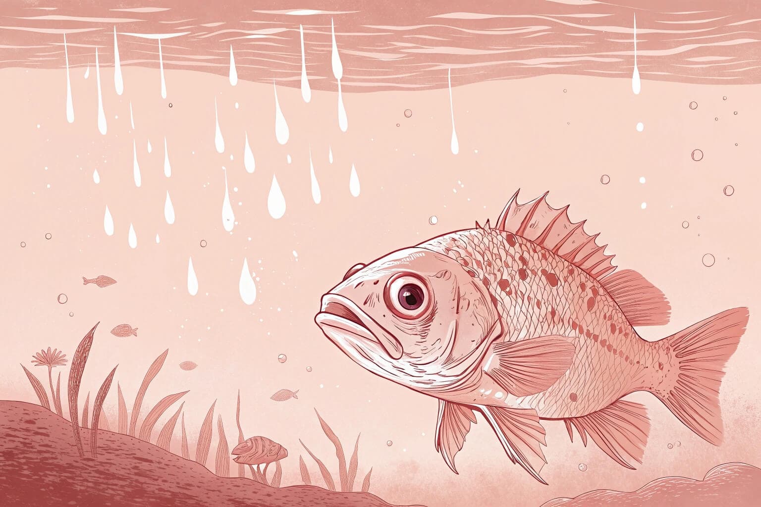 An underwater photo showing a fish with visible signs of distress, such as frayed fins and cloudy eyes, in murky water.