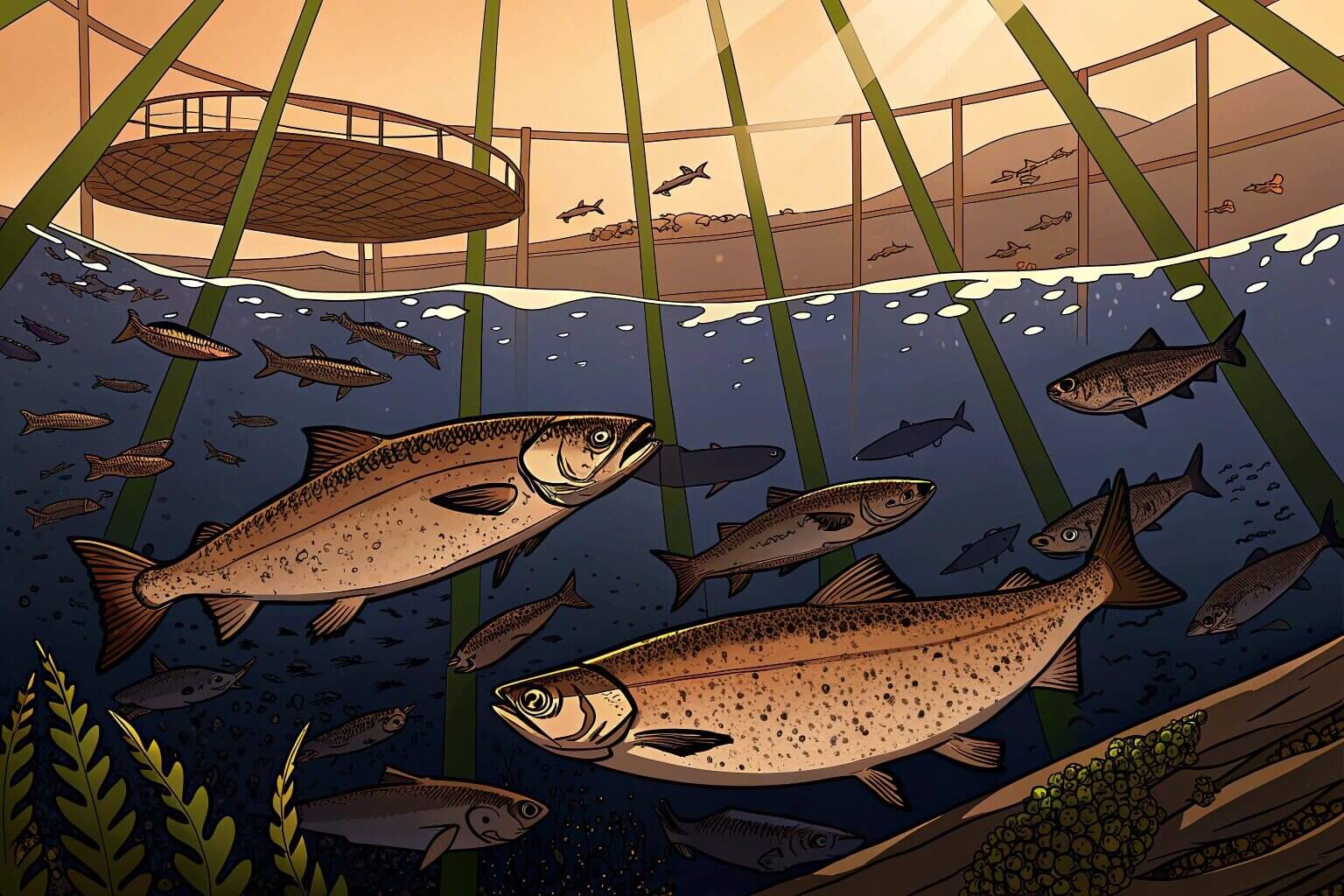 An underwater shot of a dense school of fish swimming inside a large, clean net cage in the open ocean, with sunlight filtering through the water.