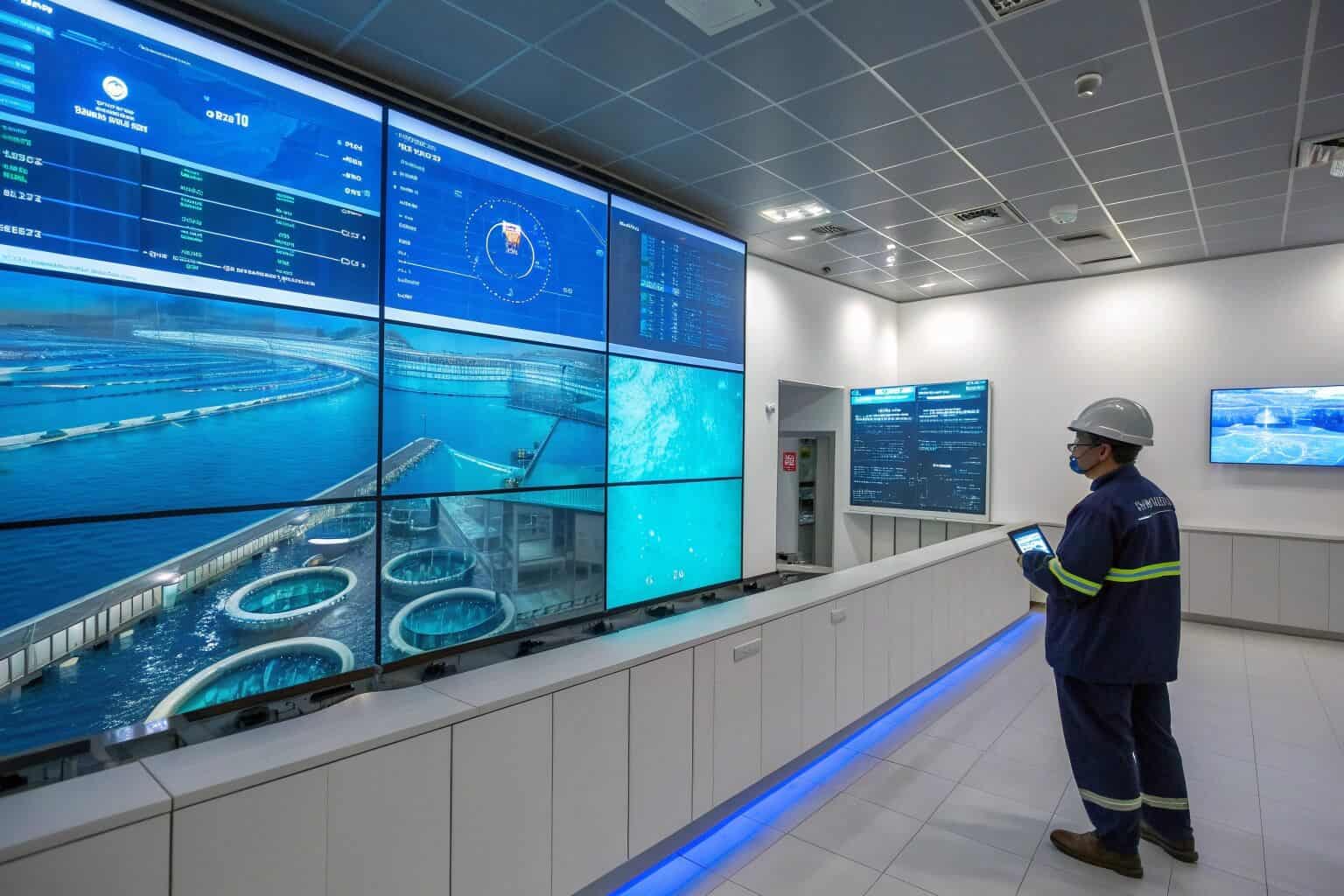 A futuristic aquaculture control room with screens showing real-time data