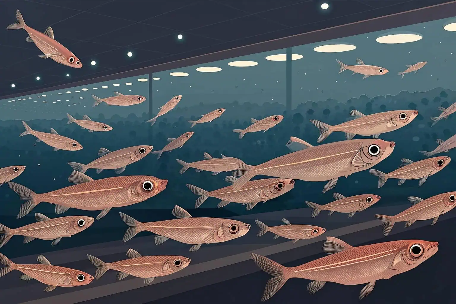 Close-up shot of fish fry swimming in a hatchery tank, with clear water and controlled lighting.