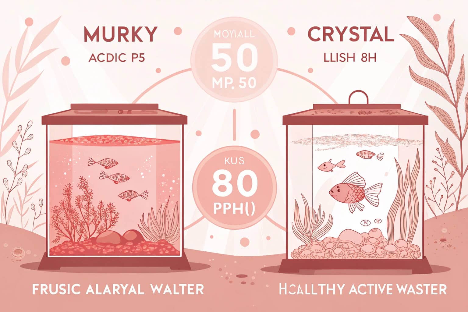 An infographic illustrating the pH scale from 0 to 14, with labels for acidic, neutral, and alkaline, and icons of fish showing stress at the extremes.