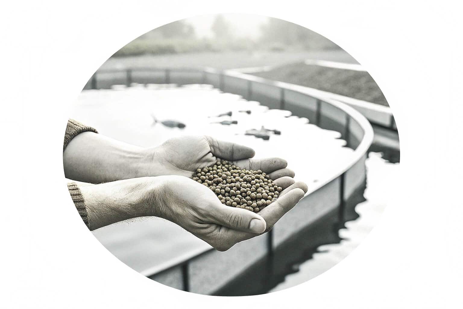 A person holding a handful of fish feed pellets