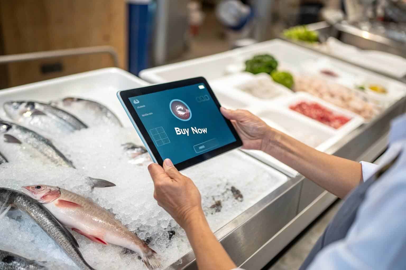A person buying fish from a tablet at an online fish market