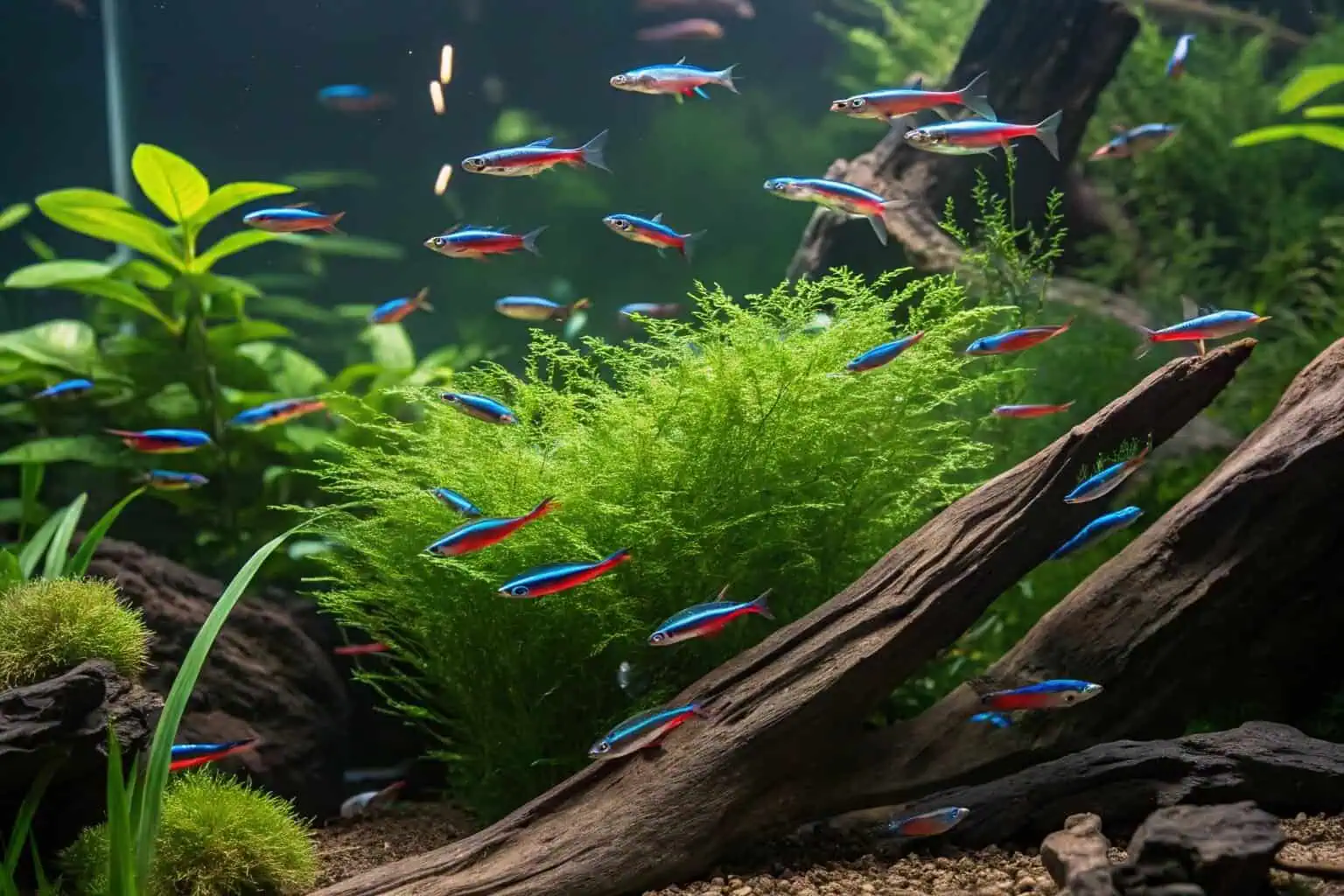 A school of Neon Tetras in a planted aquarium
