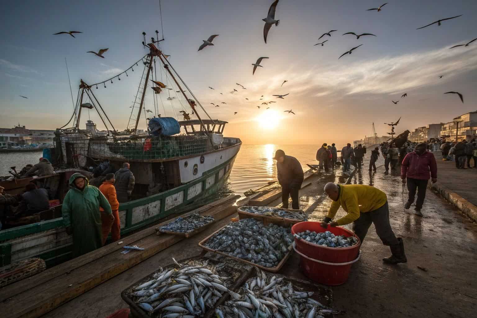 A commercial fishing boat unloading its catch at a busy dock