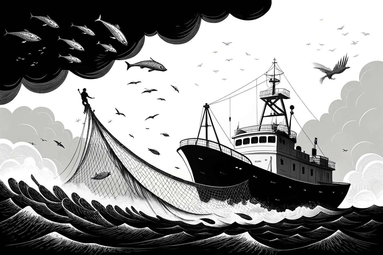 A fishing boat with a large net, symbolizing overfishing