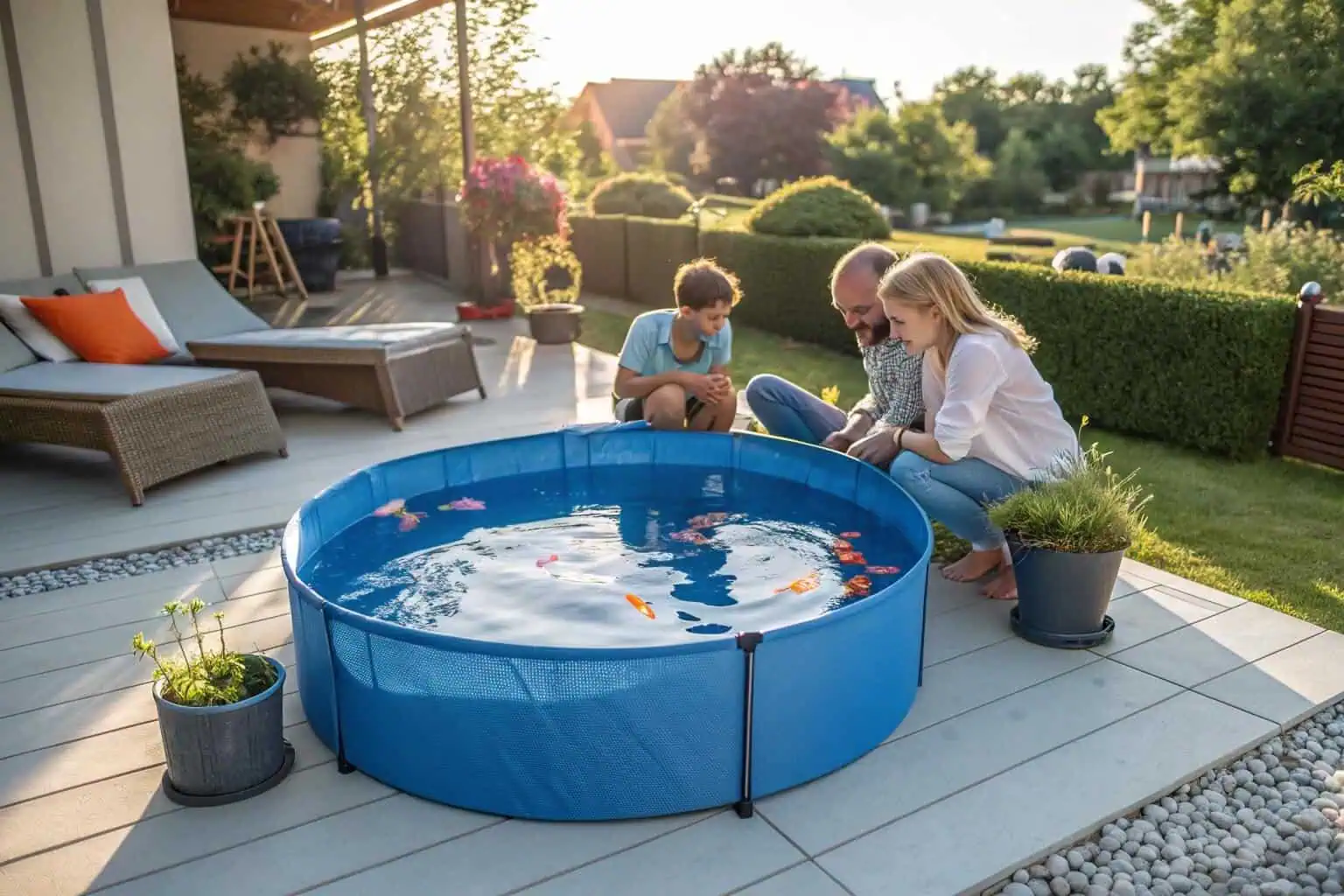 A family admiring a small, collapsible plastic fish tank in their backyard