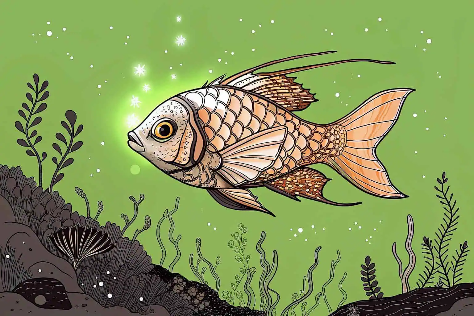 A mythical, glowing fish in a deep-sea setting