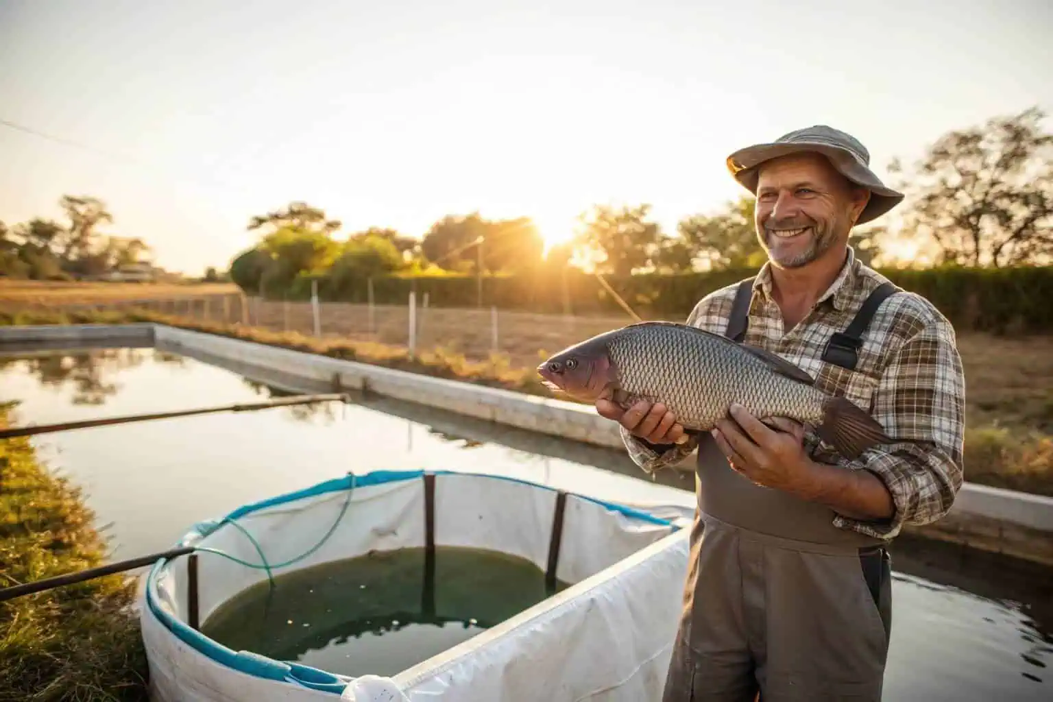 A healthy tilapia being held by a farmer, with a fish pond in the background