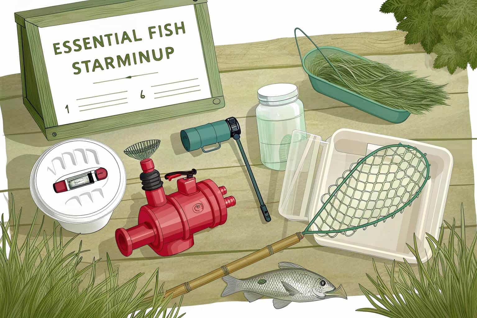 A collage of fish farming equipment like pumps, nets, and tanks