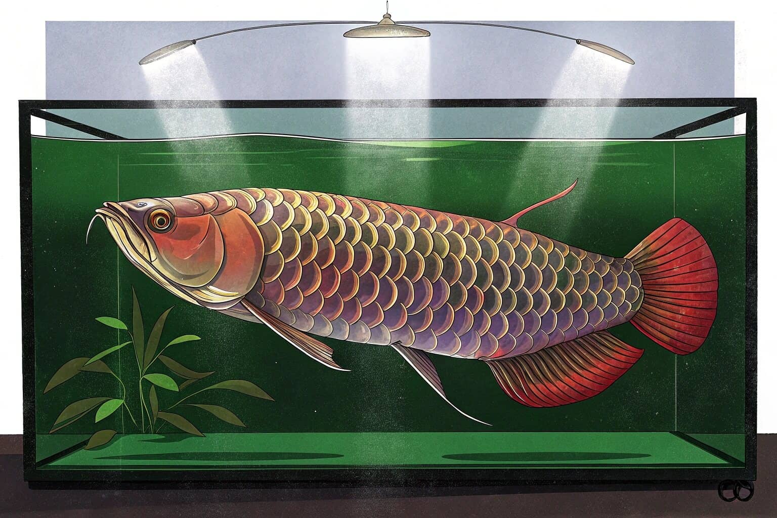 A majestic Asian Arowana swimming gracefully in a large tank