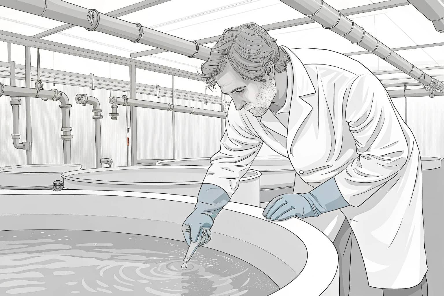 A fish farmer inspecting water quality
