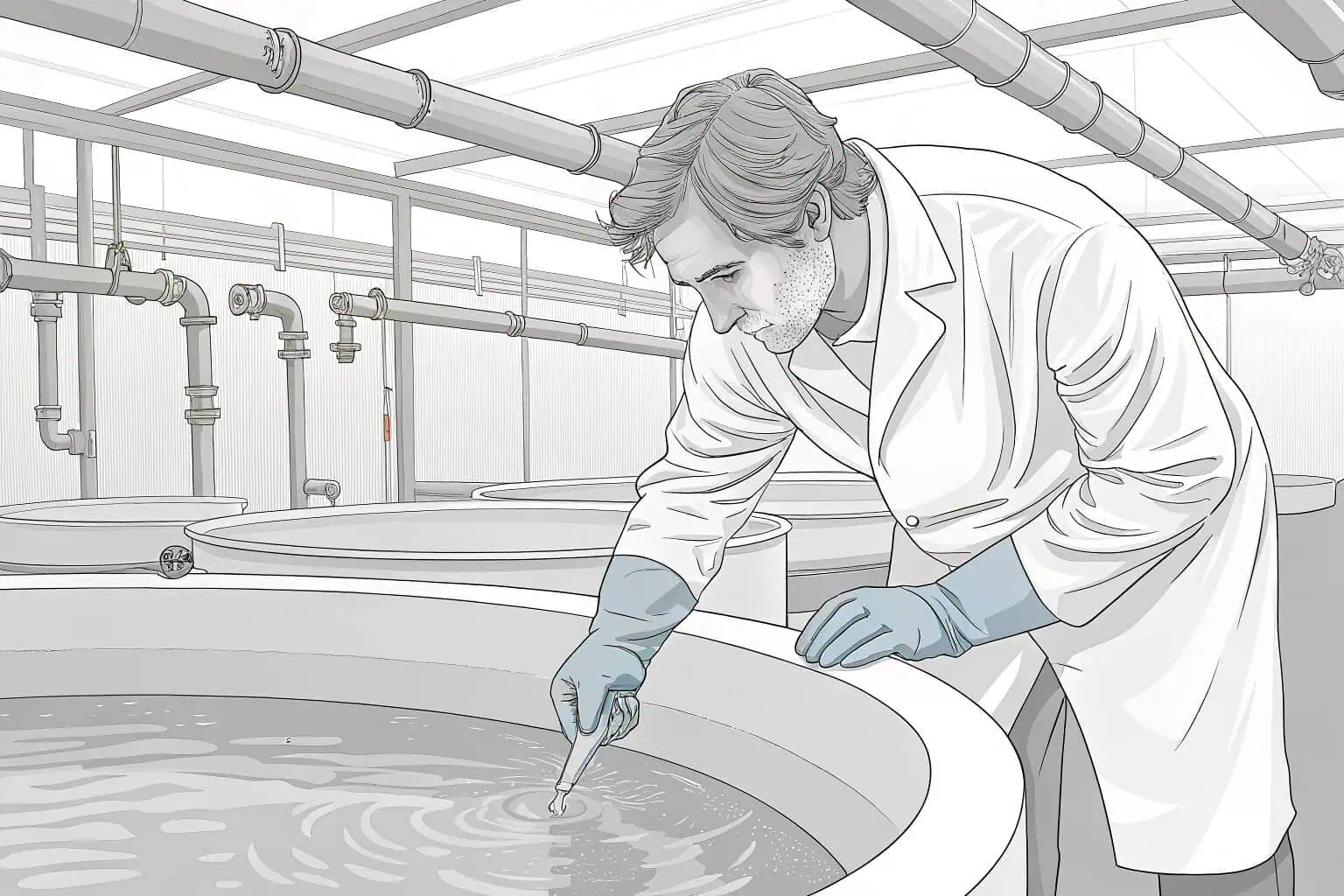 A fish farmer inspecting water quality