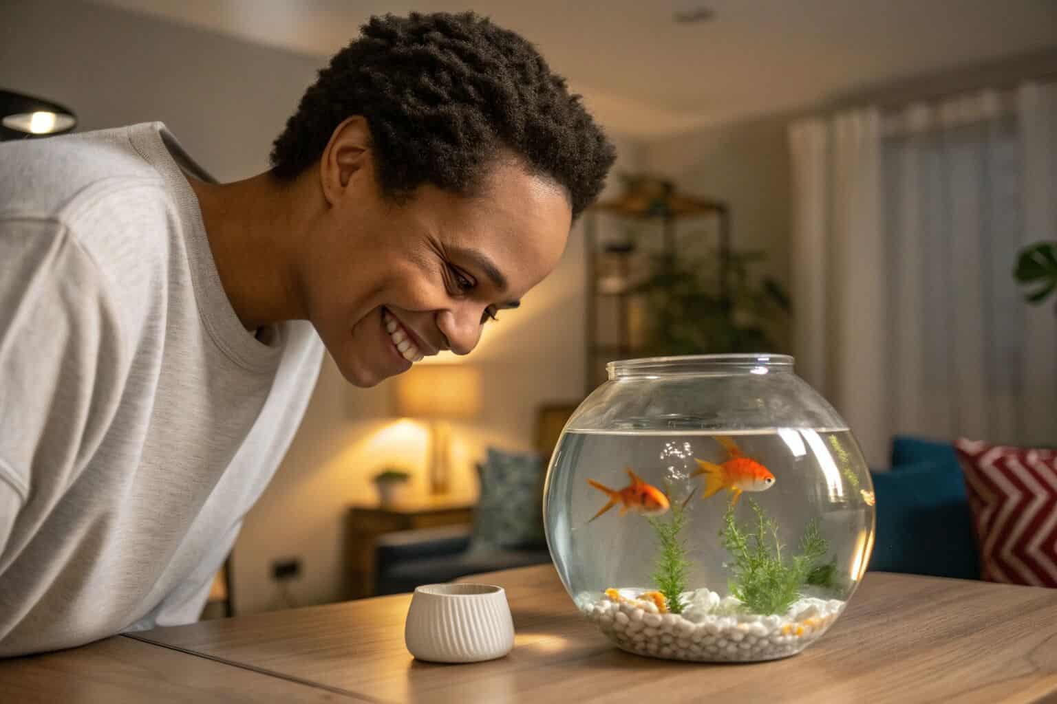 A person happily looking at a small, clean fish tank with a few goldfish