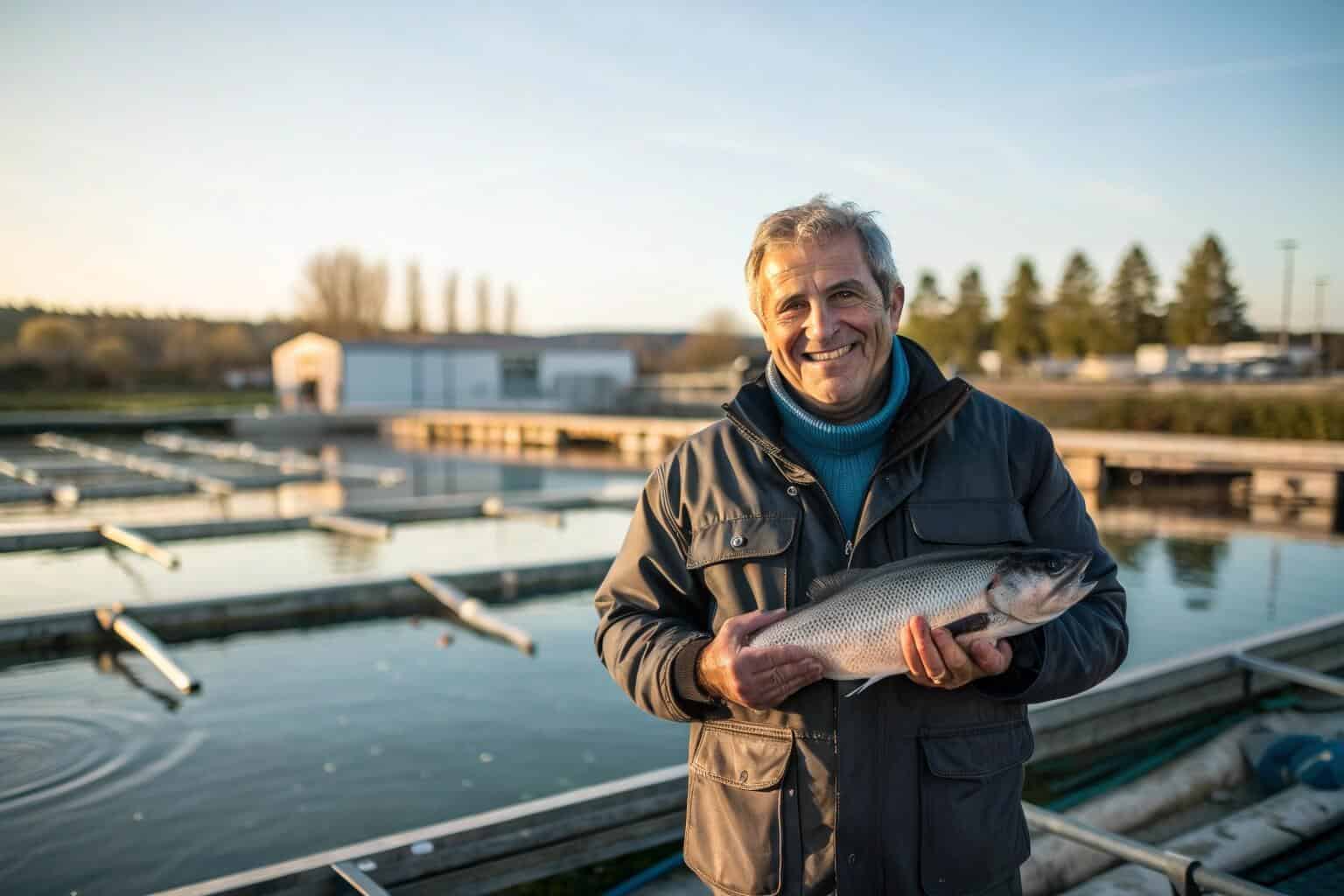 A fish farmer smiling while holding a large, healthy fish