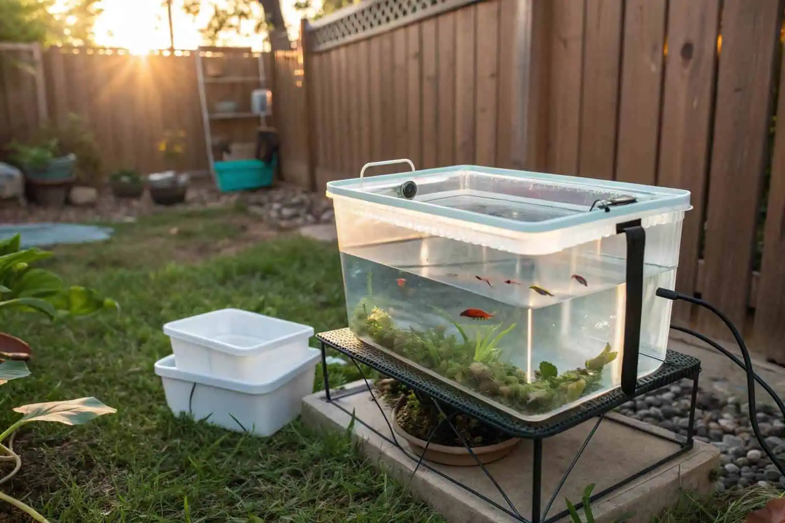 A small, simple fish farm with tilapia in a collapsible pond
