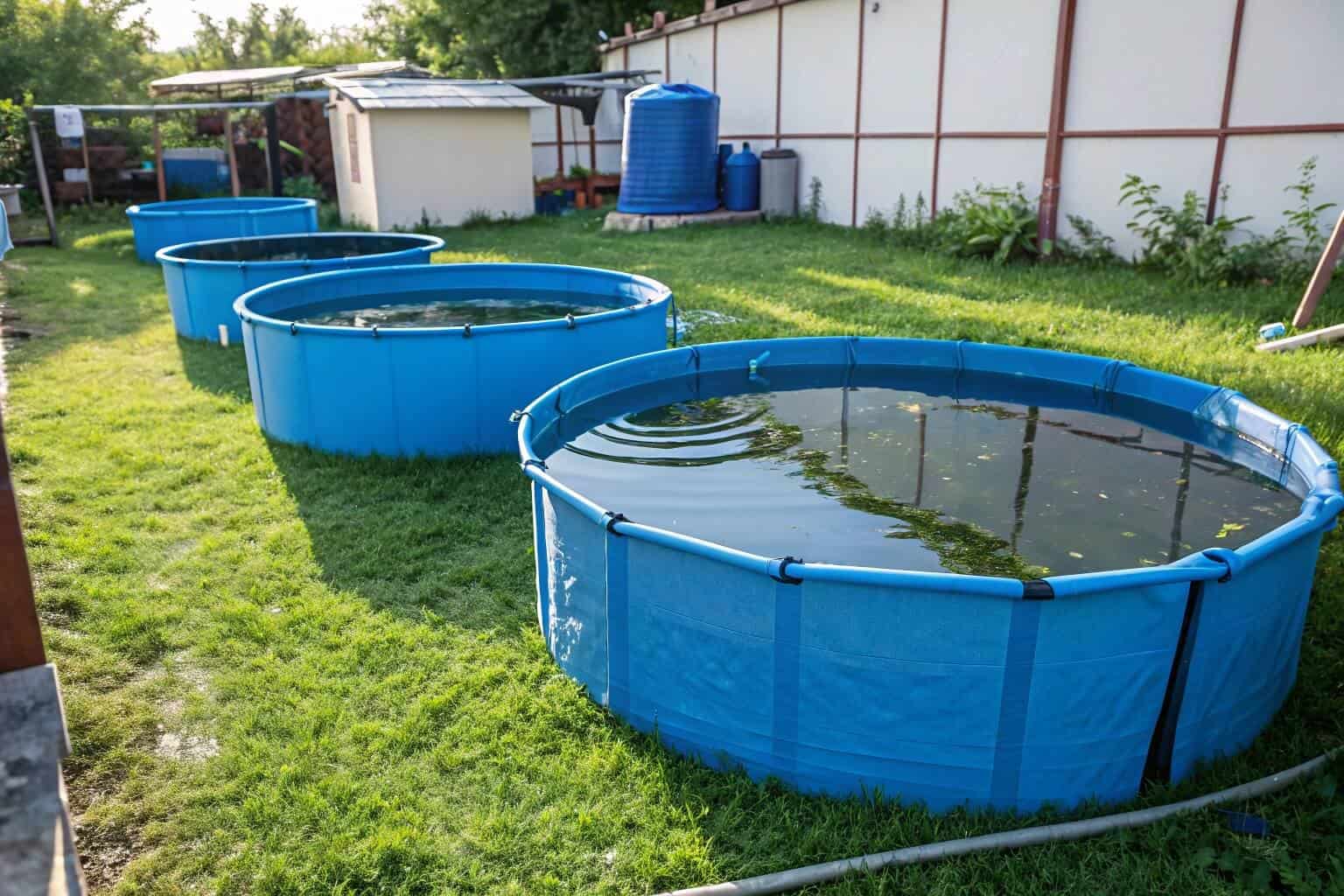 A small-scale farm with several portable fish tanks filled with Tilapia