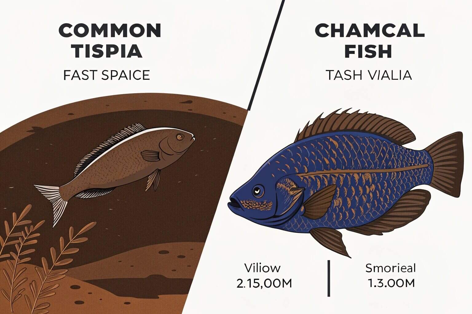 A side-by-side comparison of different fish species in a farm setting