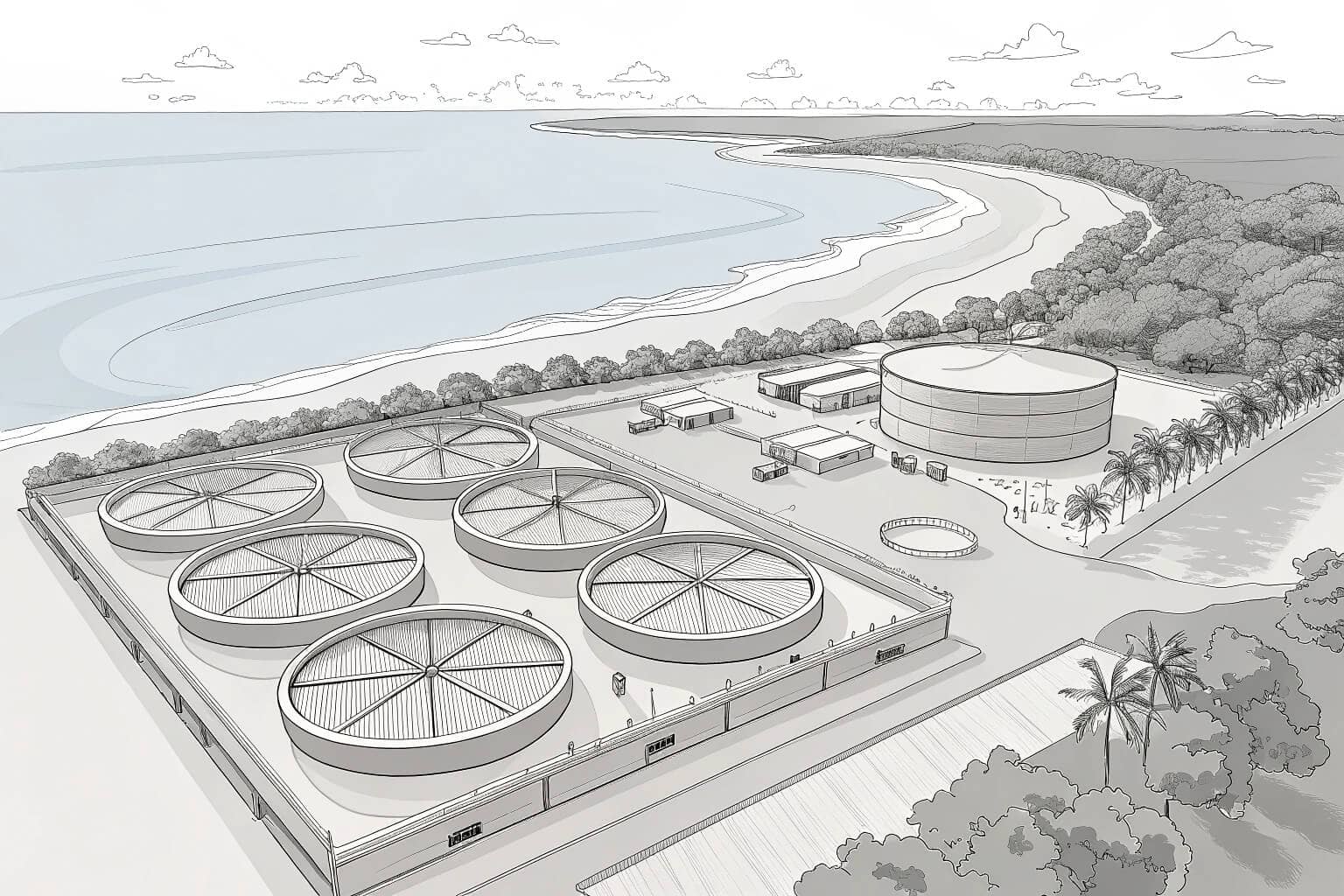 A pristine coastal area near a fish farm