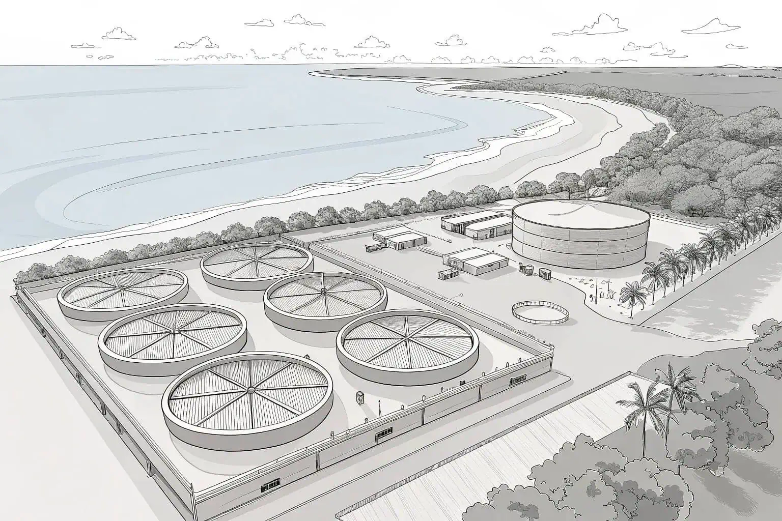 A pristine coastal area near a fish farm