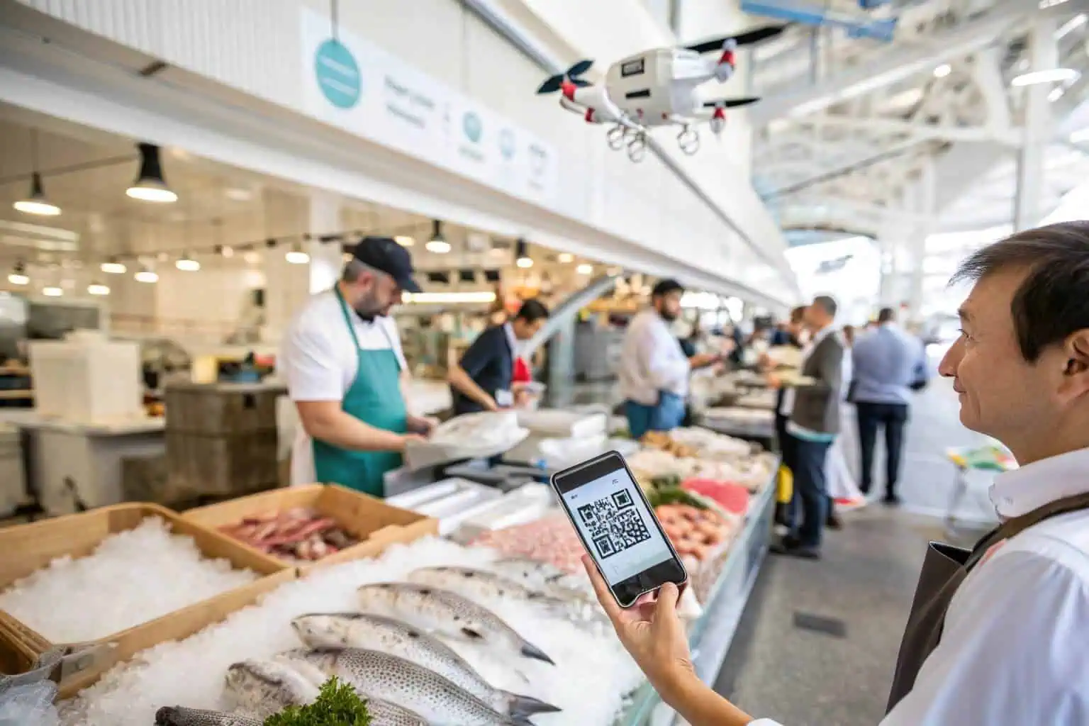 A bustling fish market with vendors selling fresh fish to customers