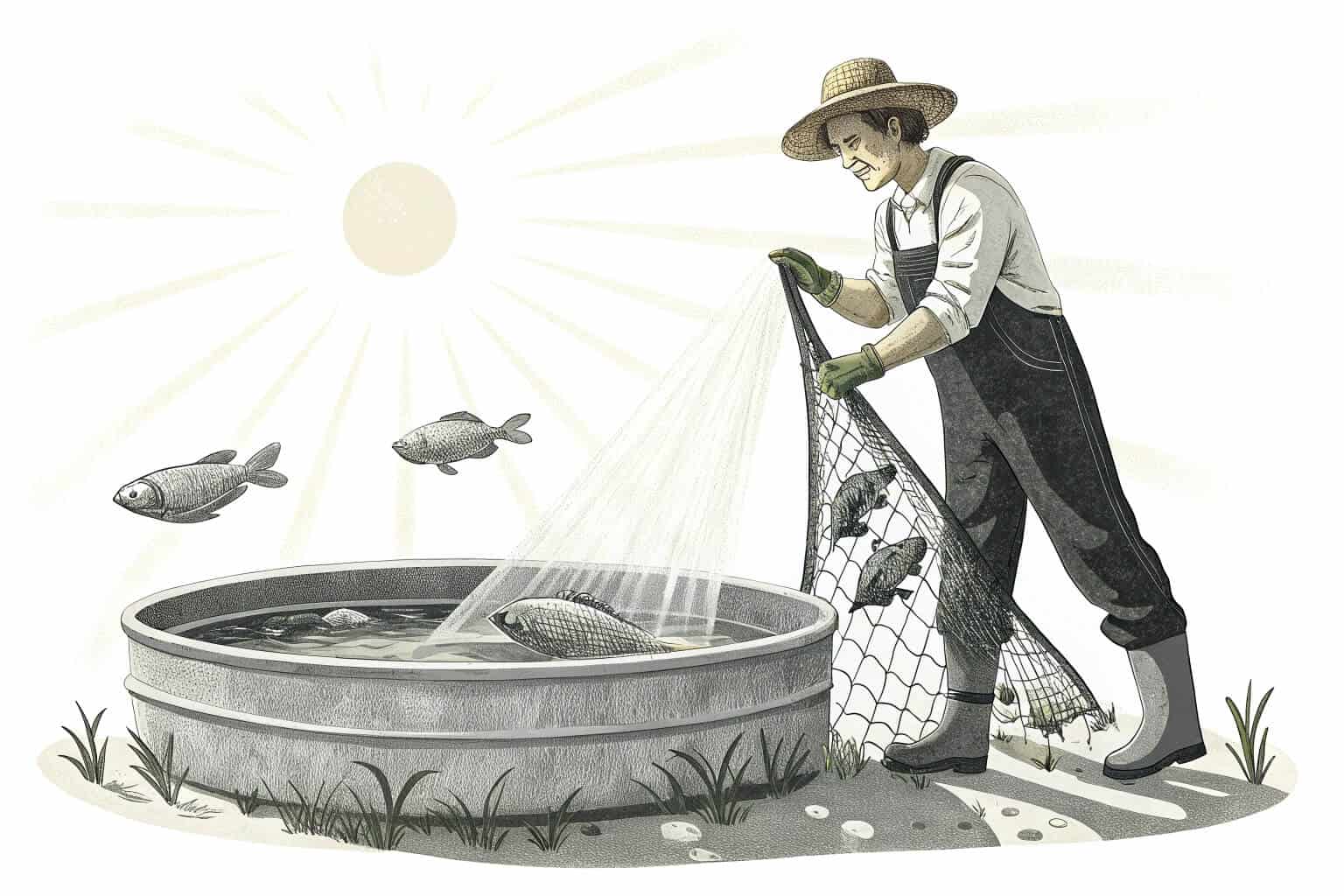 A farmer harvesting fish from a net