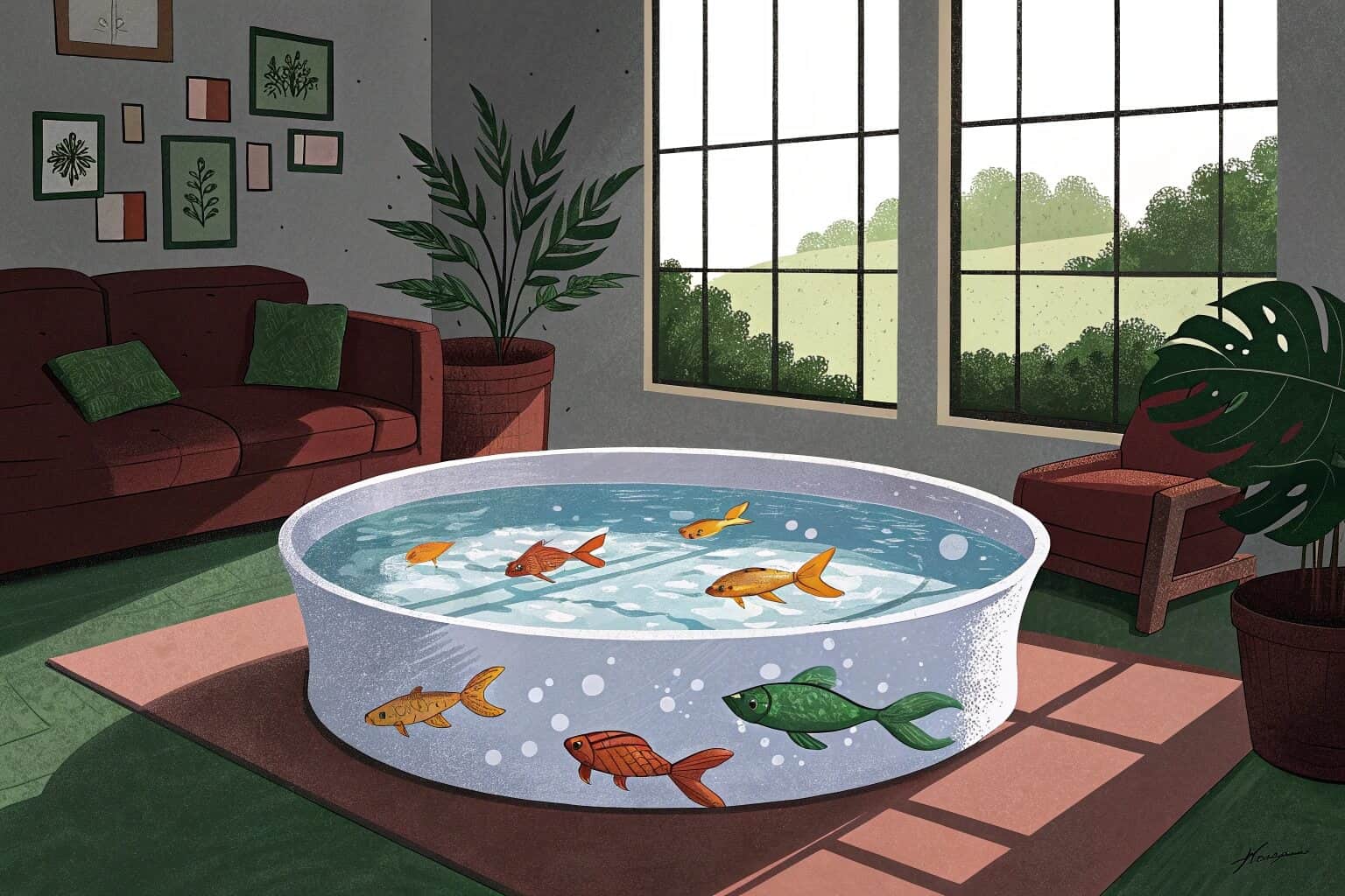 A vibrant school of colorful guppies swimming in a well-planted aquarium