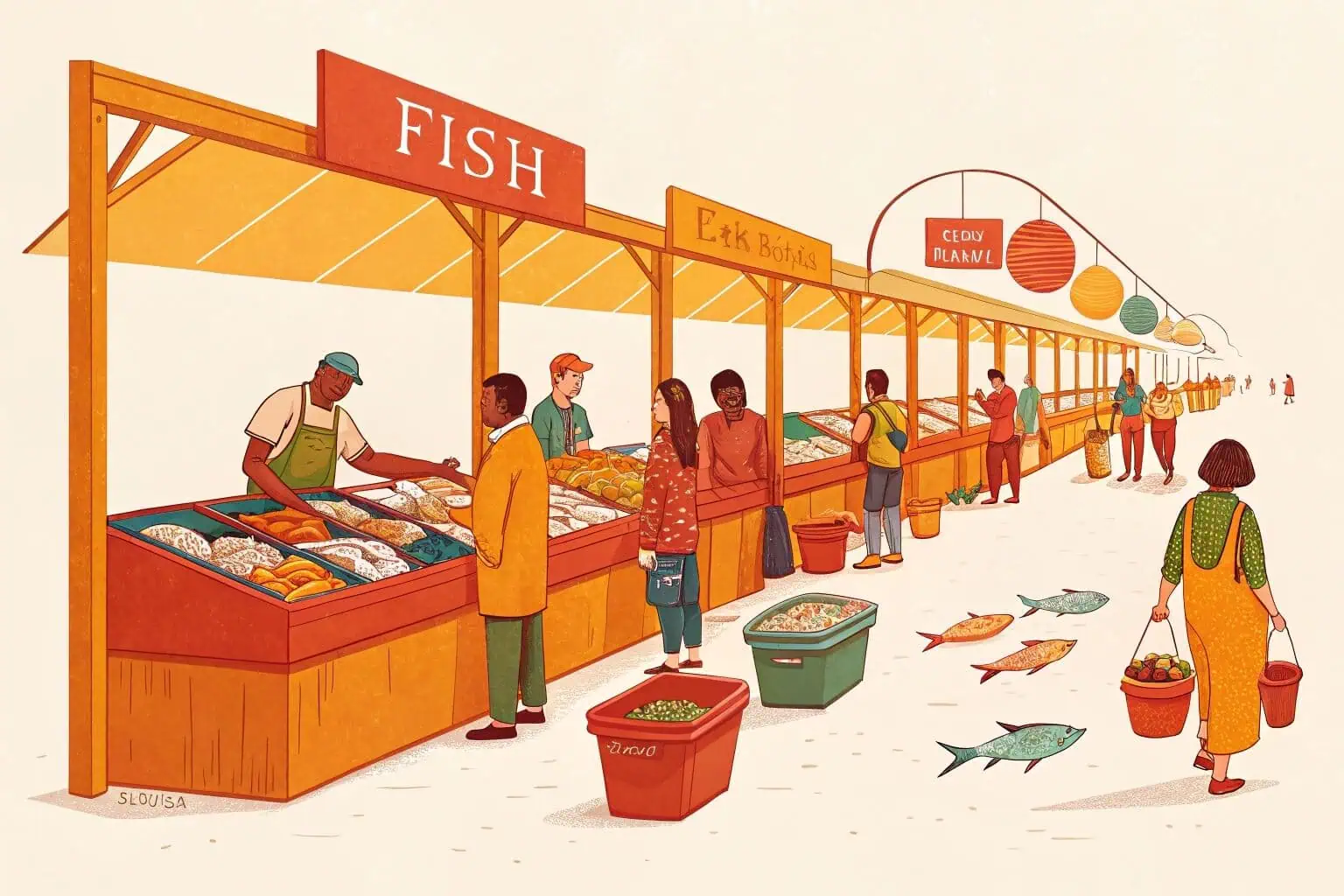 A bustling fish market with vendors selling fresh fish to customers
