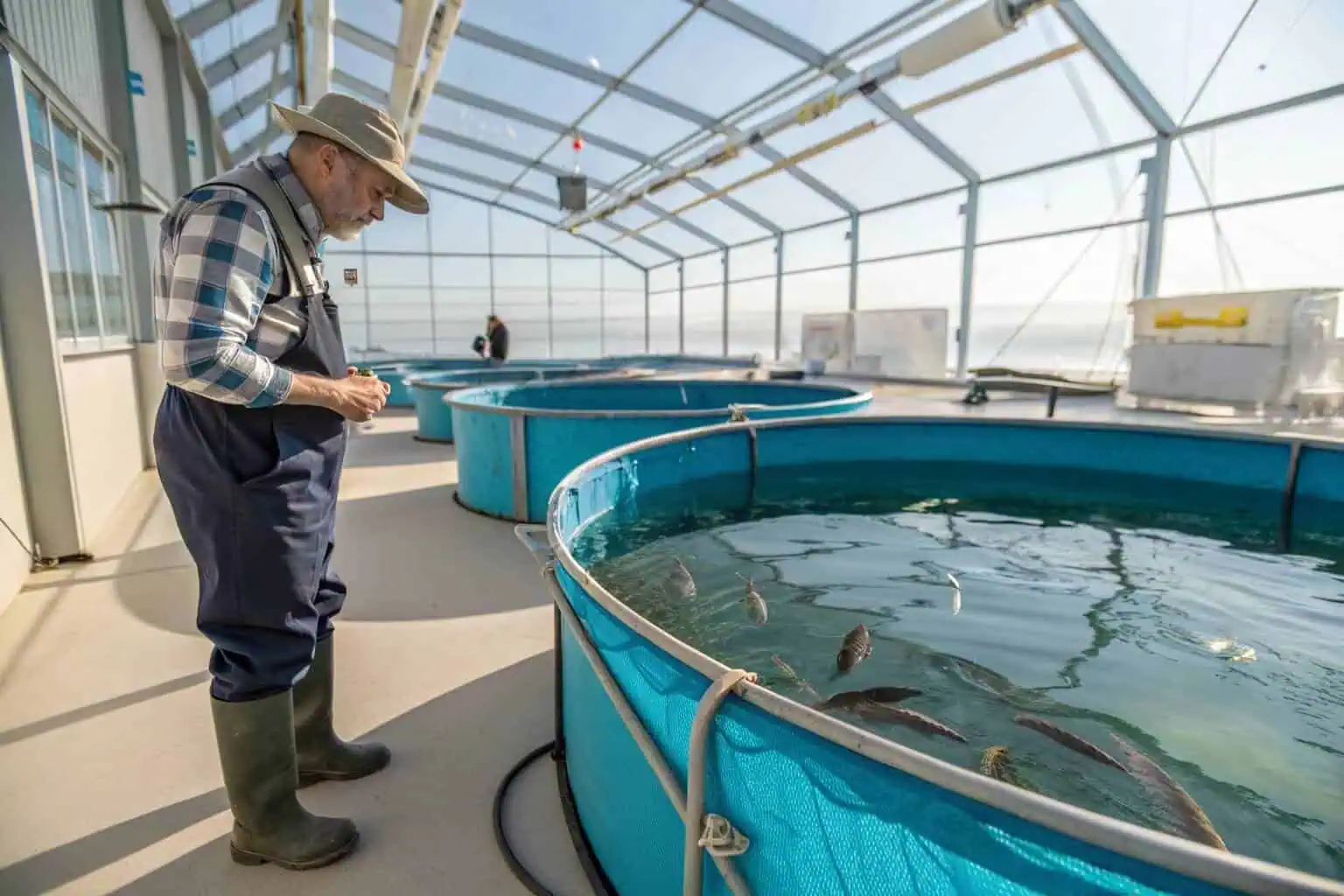 A person standing next to a large collapsible fish tank, looking thoughtfully at the fish inside