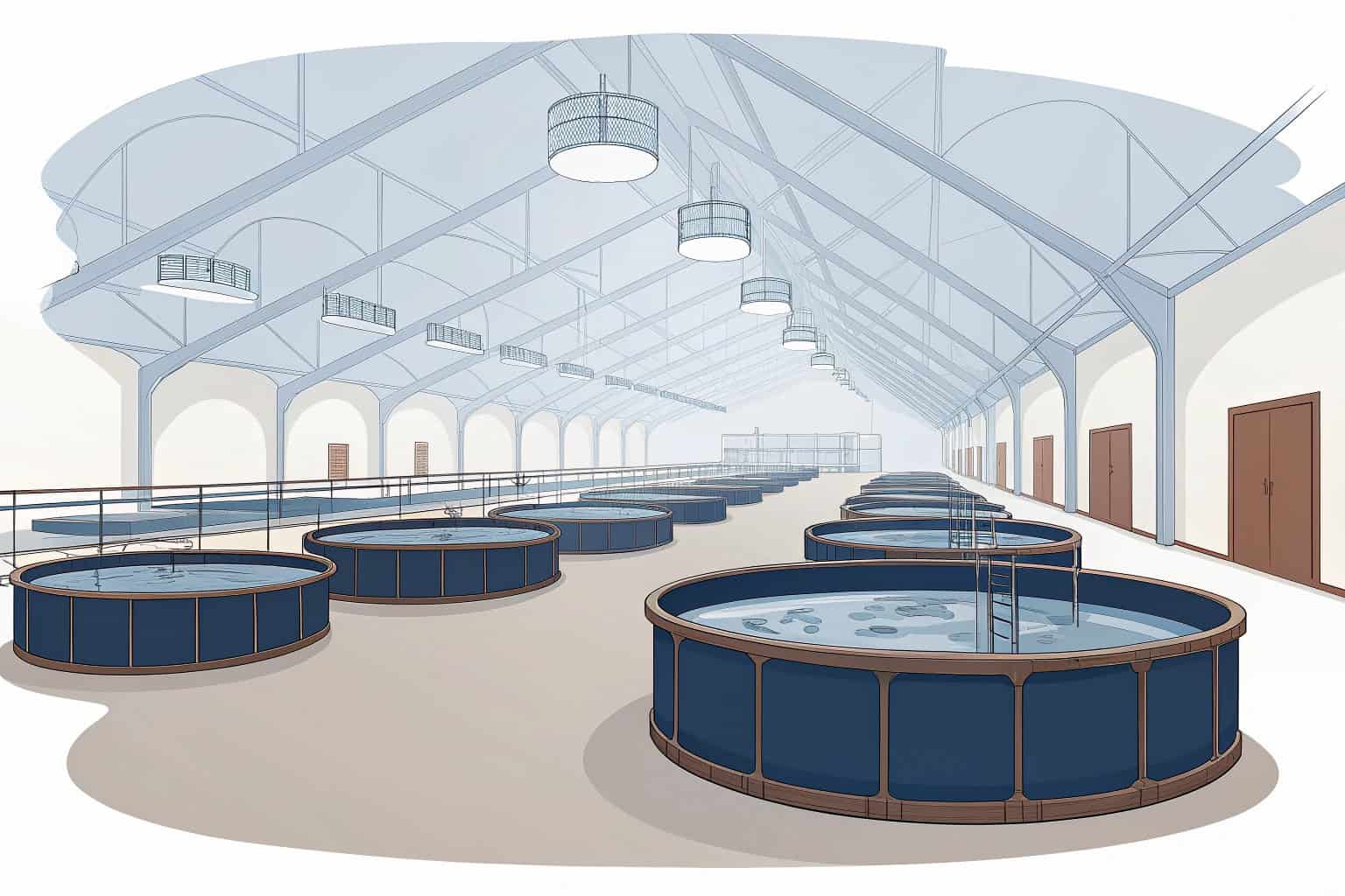 A modern indoor fish farm with large tanks