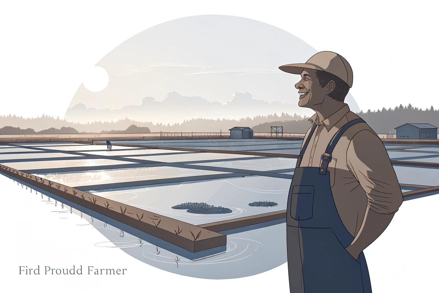 A fish farmer smiling next to their pond