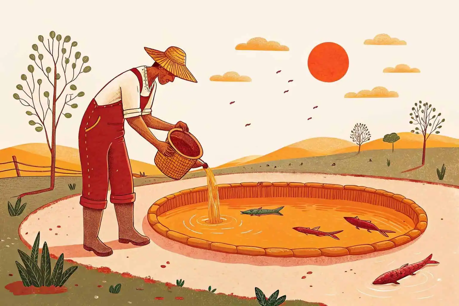A farmer feeding carp in a simple earthen pond