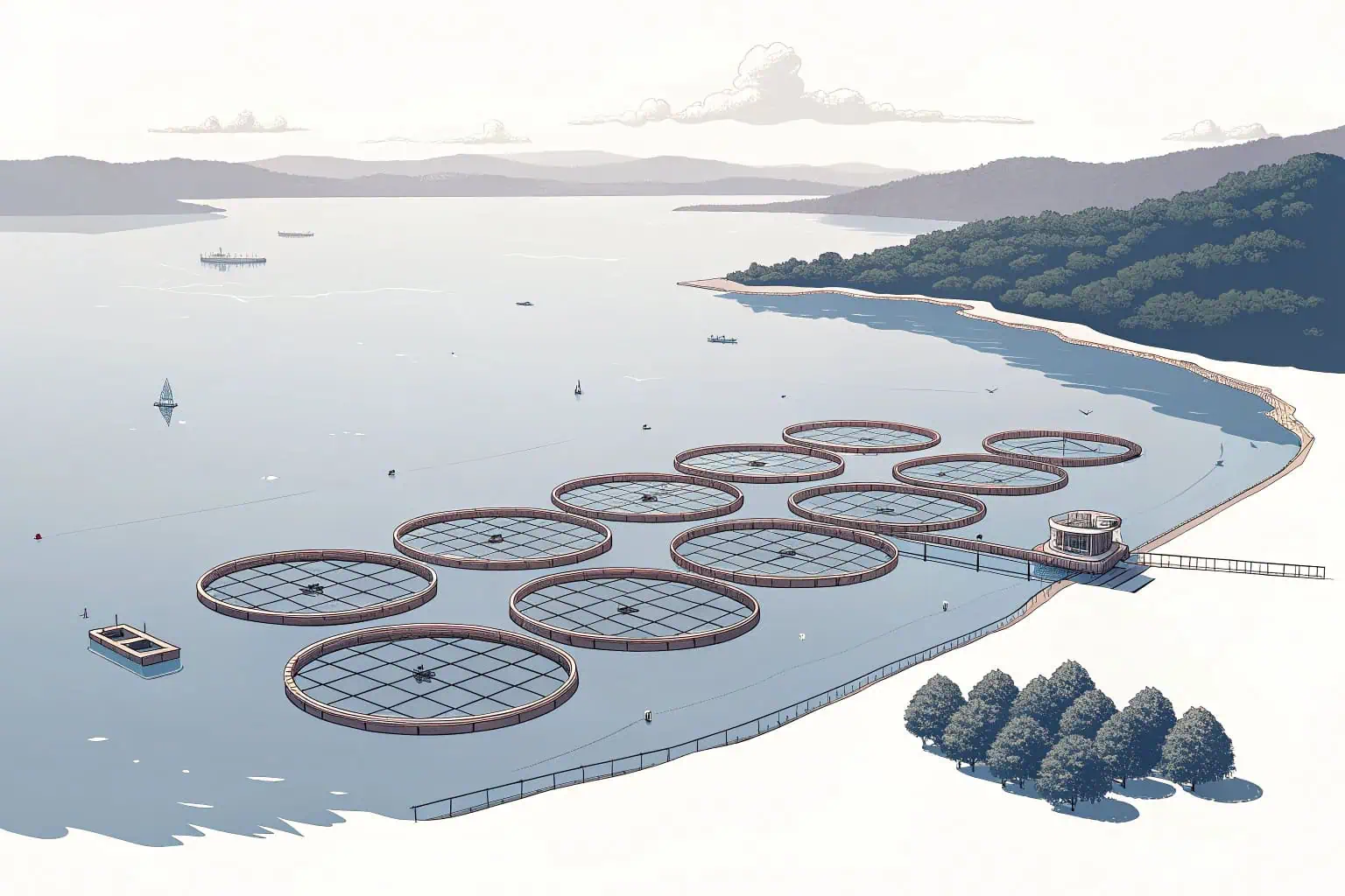 An aerial view of a large-scale cage fish farm