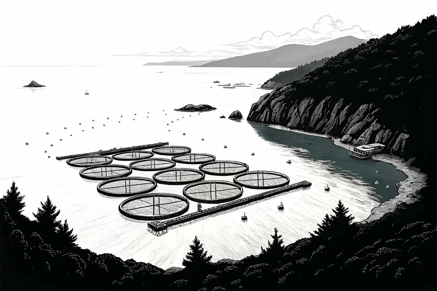 A dense fish farm with murky water, illustrating pollution