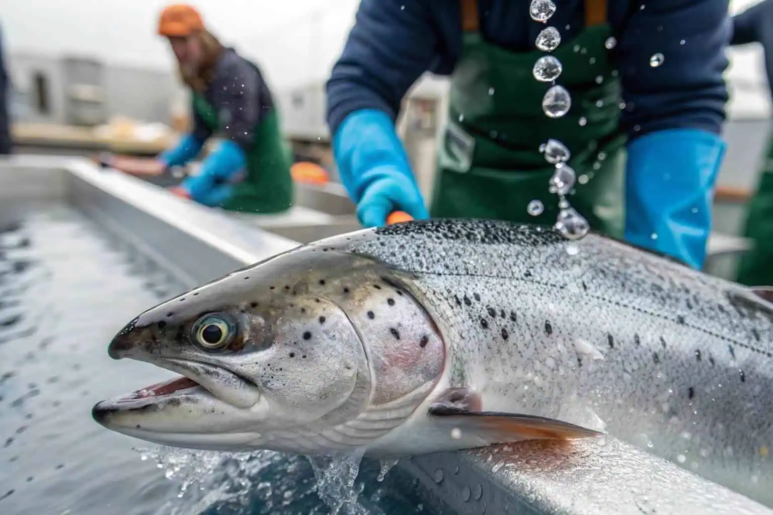 Close-up of high-quality salmon being harvested from a farm