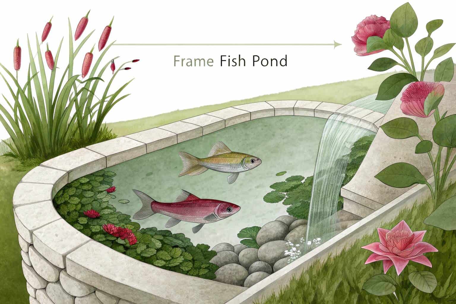 A diagram showing the ideal dimensions of a fish pond for 1000 fish