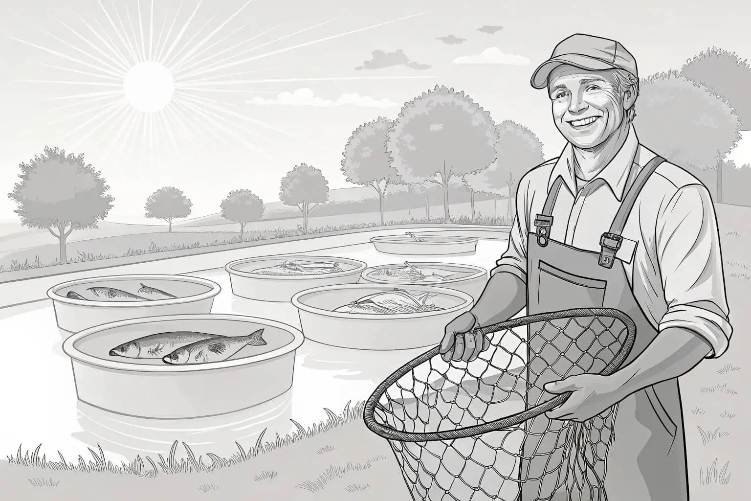 A fish farmer smiling with a successful harvest
