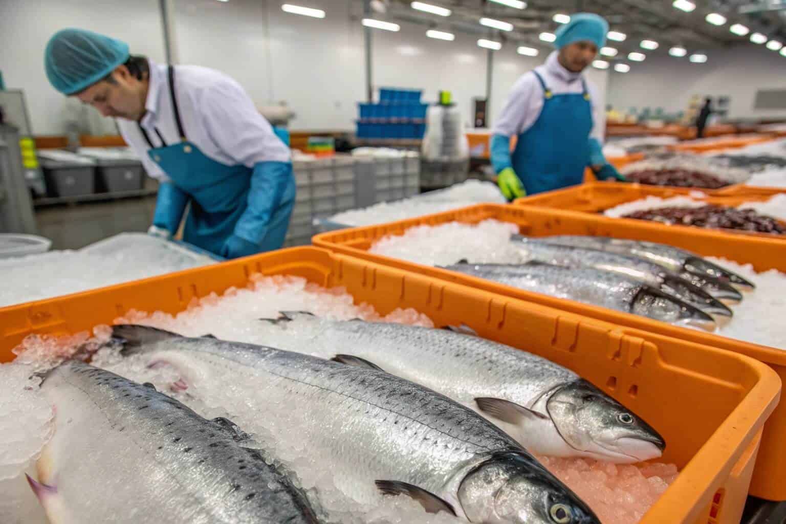 A close-up of fresh, high-quality salmon ready for market