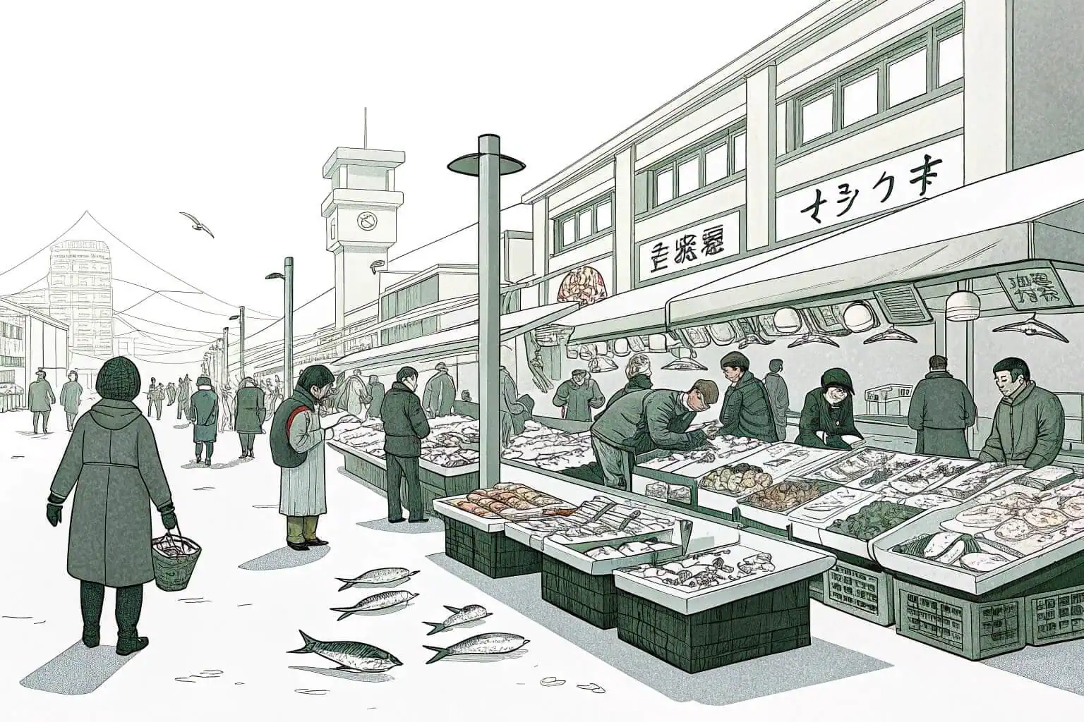A bustling fish market with various types of fish being sold