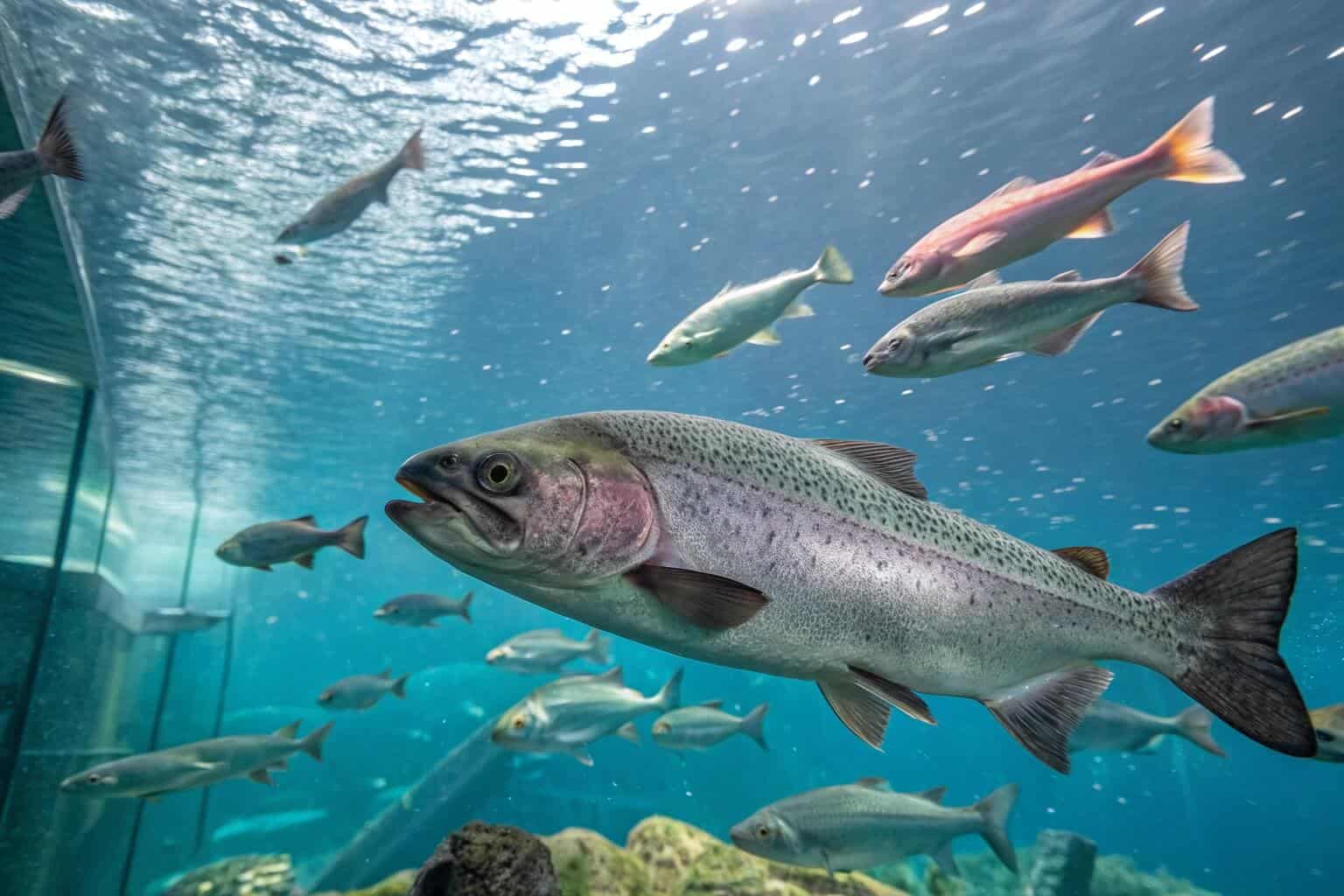 A collage of different farmed fish species like tilapia, salmon, and catfish
