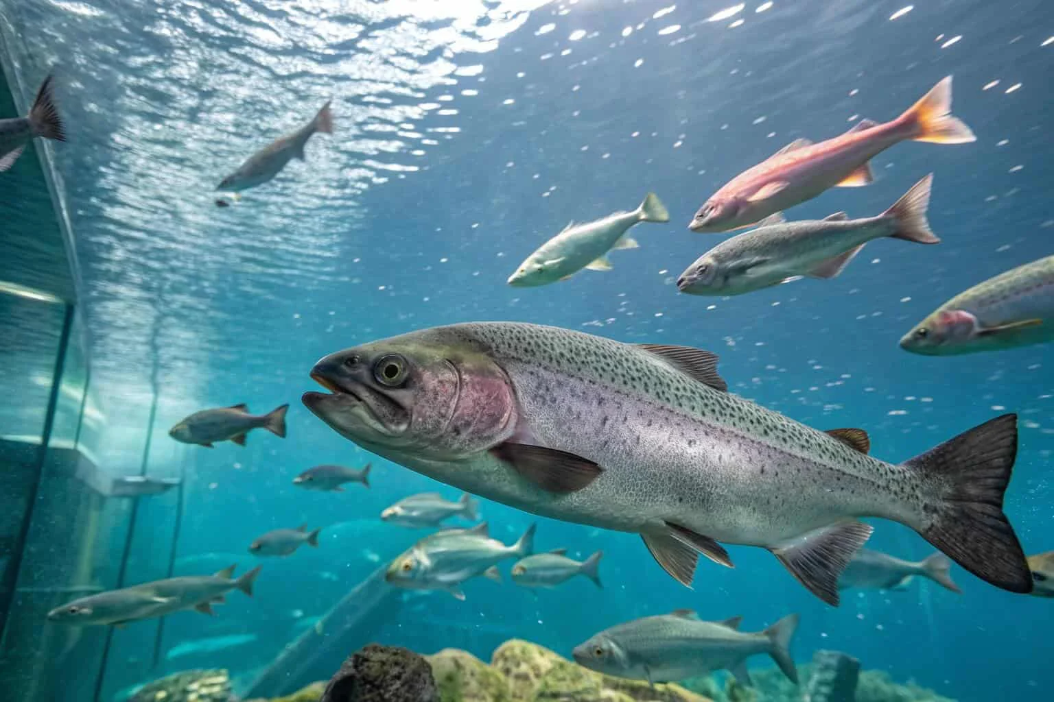 A collage of different farmed fish species like tilapia, salmon, and catfish