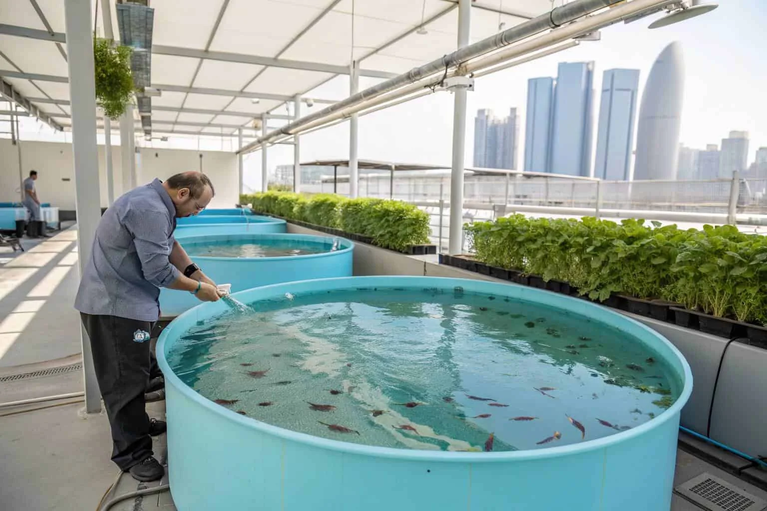 A farmer inspecting a collapsible fish tank in an urban setting