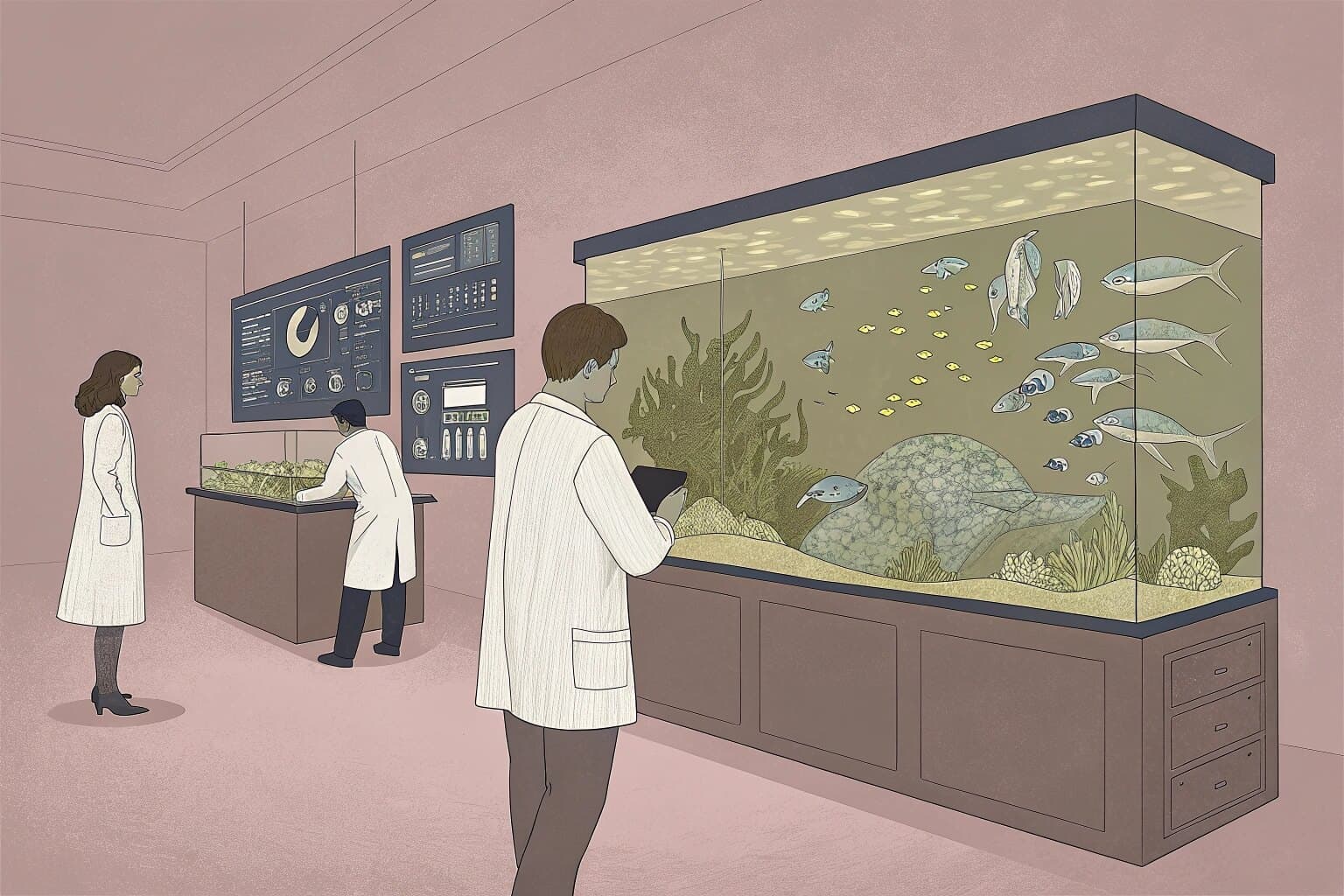 A modern living room with a large, beautifully decorated aquarium