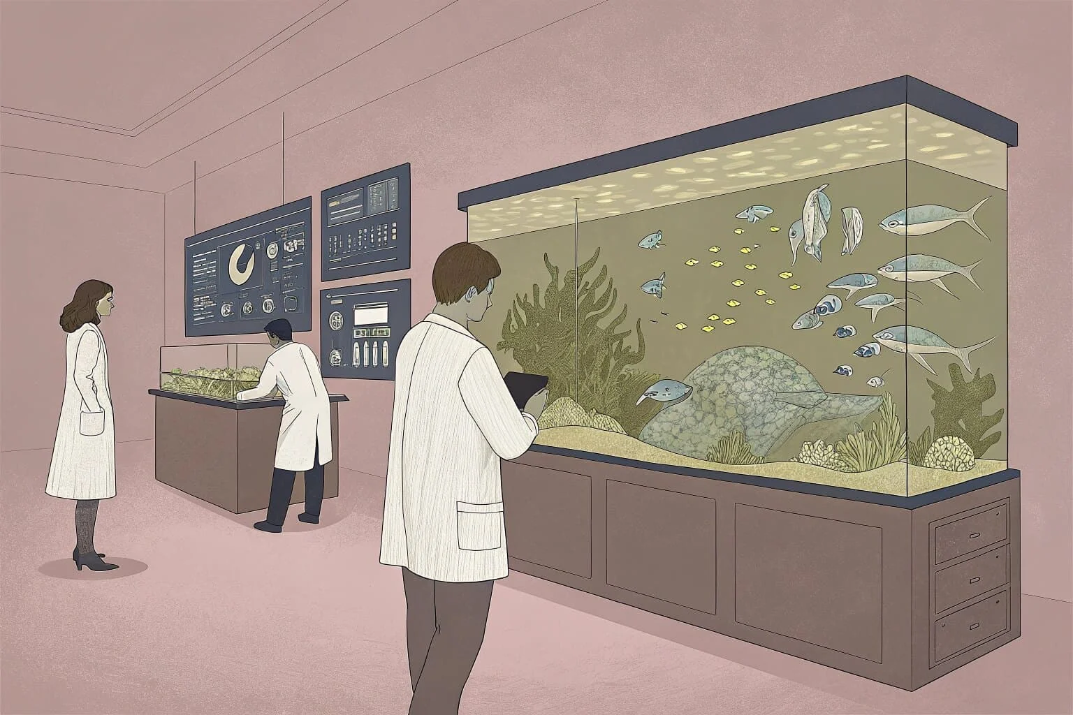 A modern living room with a large, beautifully decorated aquarium