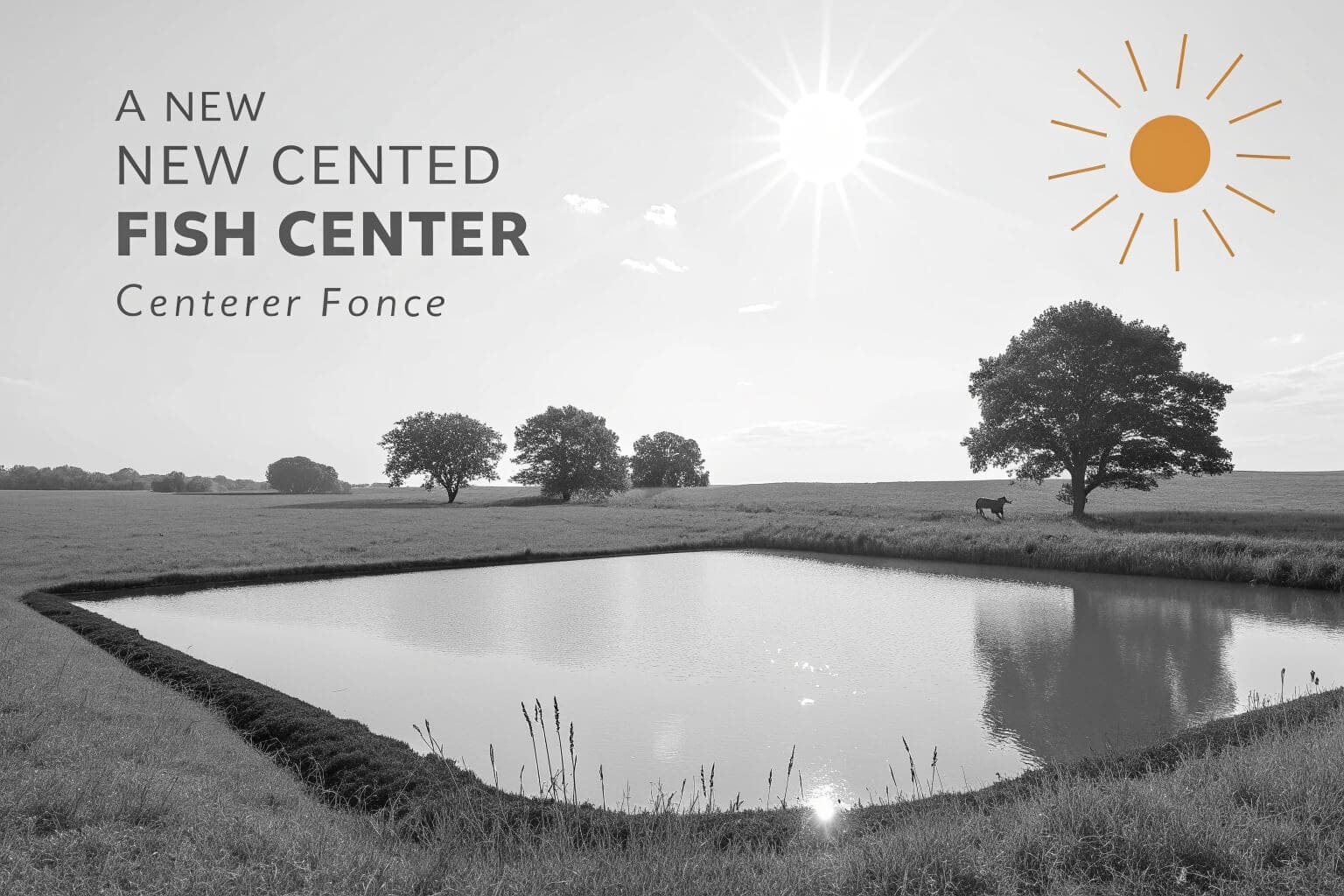 A sunny, open field with a newly constructed fish pond in the center.